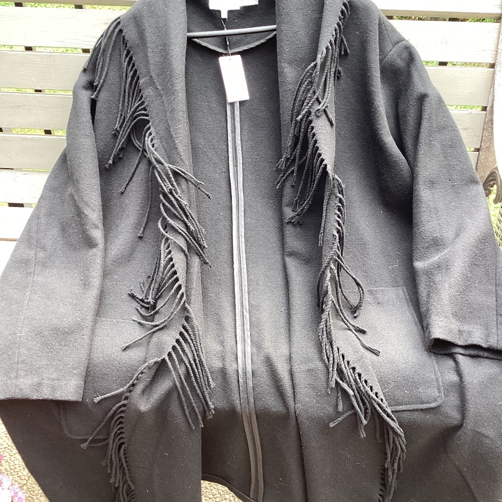 Calvin Klein.  BNWT. Plus size. 1X. Open coat  with fringing. Black.